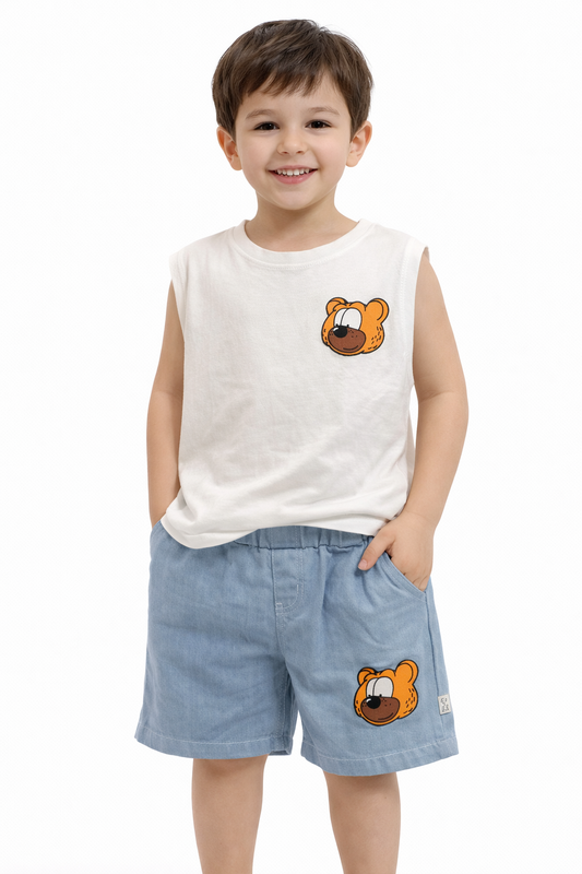 Sleeveless Bear Patch T-Shirt & Denim Shorts Set