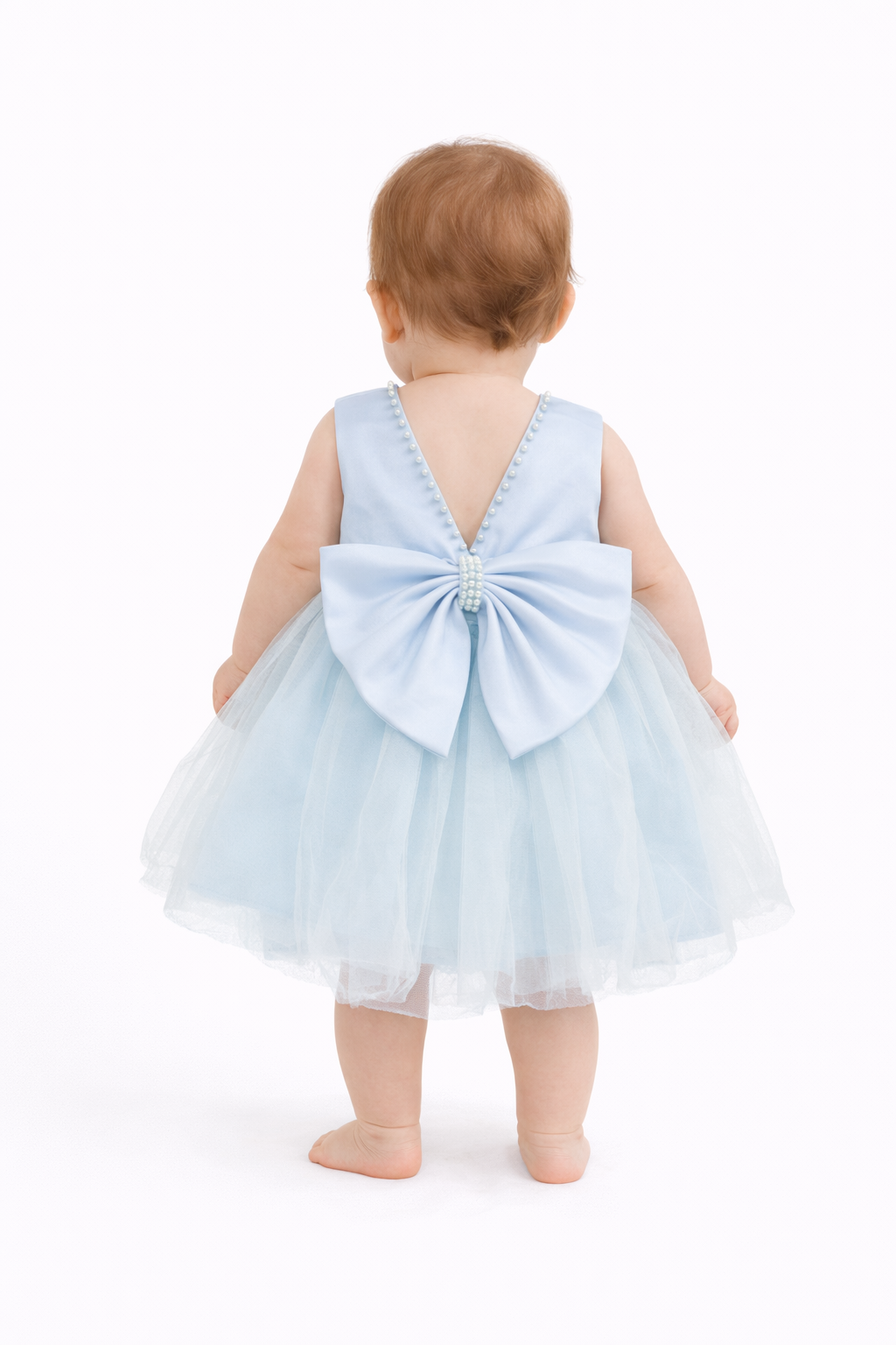 Sky Blue Pearl Bow Tulle Baby Girl Dress