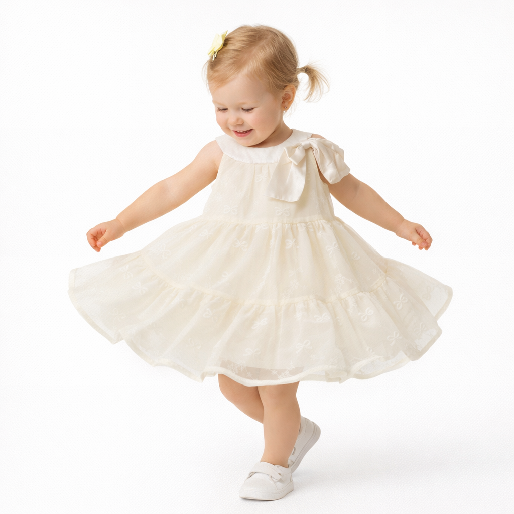 Elegant Ivory Bow Embroidered Tiered Dress