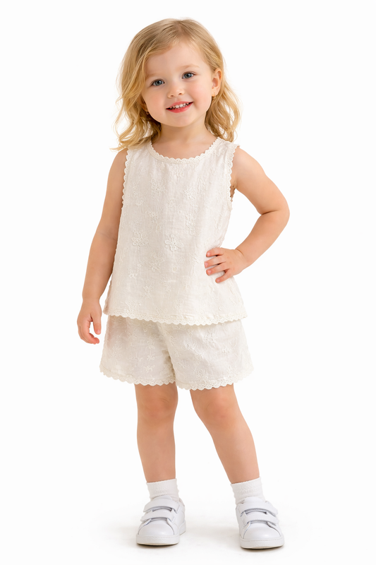 Girls’ Embroidered Sleeveless Top & Shorts Set – Ivory