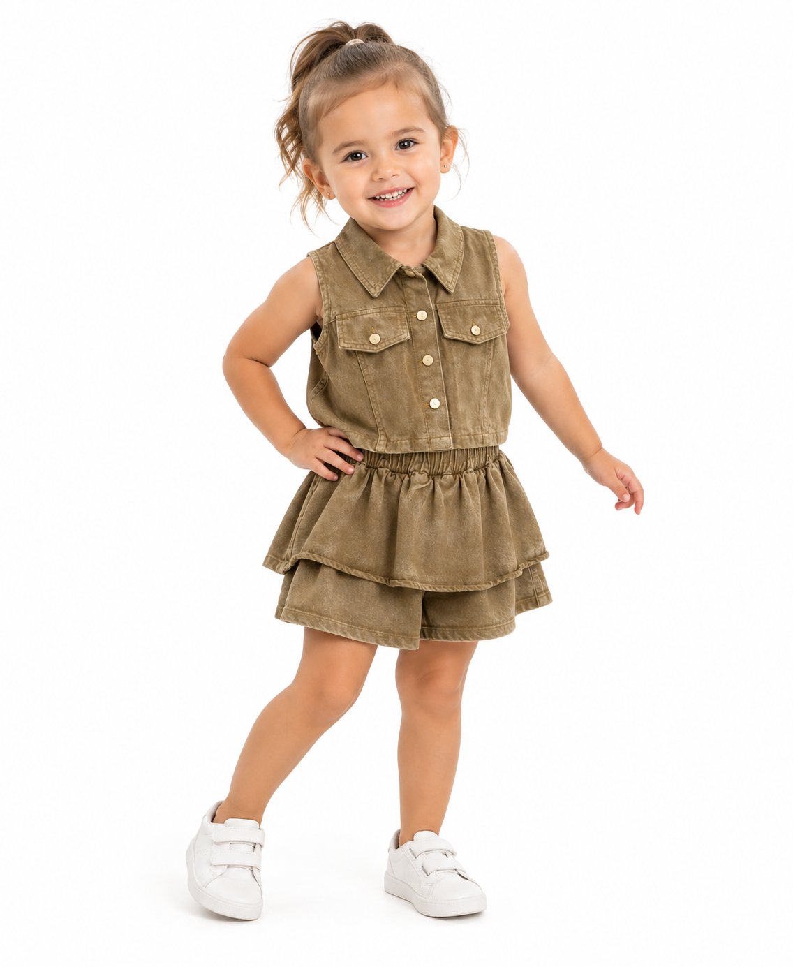 Khaki Button-Up Top & Ruffle Shorts Set