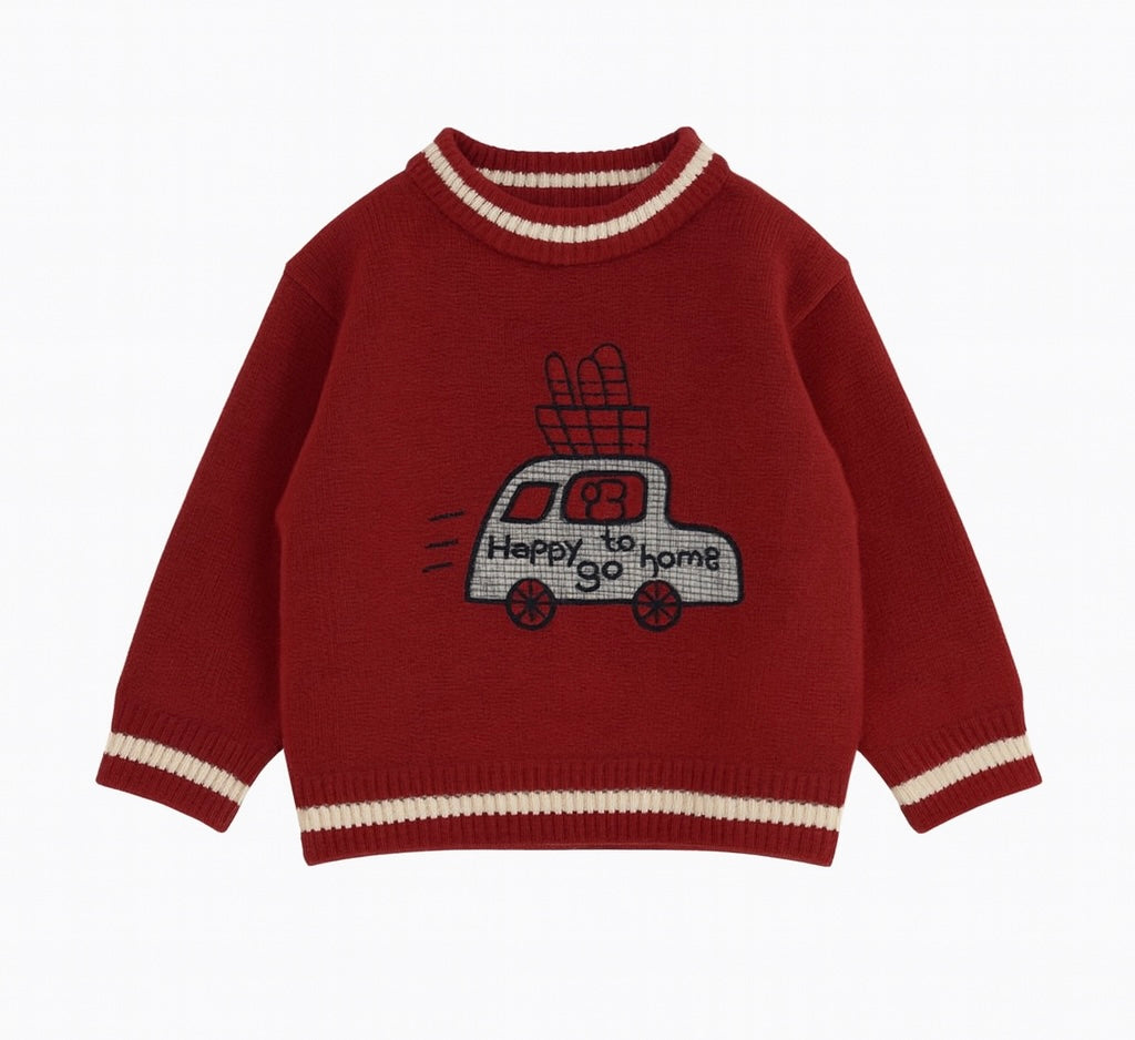 Red Knit Sweater With Car & Baguette