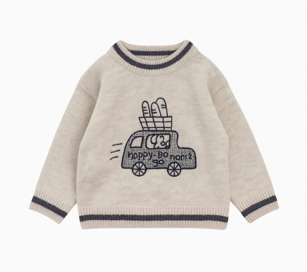 Beige Knit Sweater With Car & Baguette Graphic