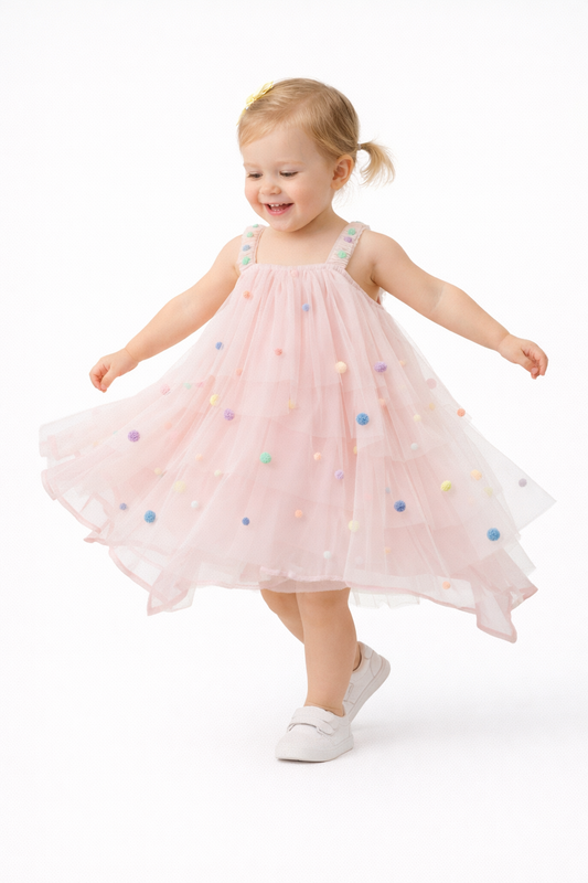 Baby Girls’ Pastel Pom-Pom Tulle Dress – Pink