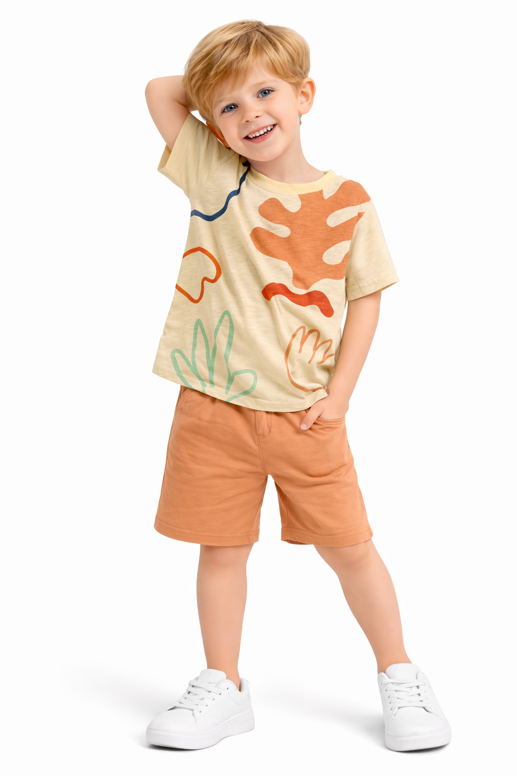 Beige Abstract Print T-Shirt & Rust Shorts Set