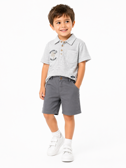 Striped Polo Shirt & Grey Shorts Set