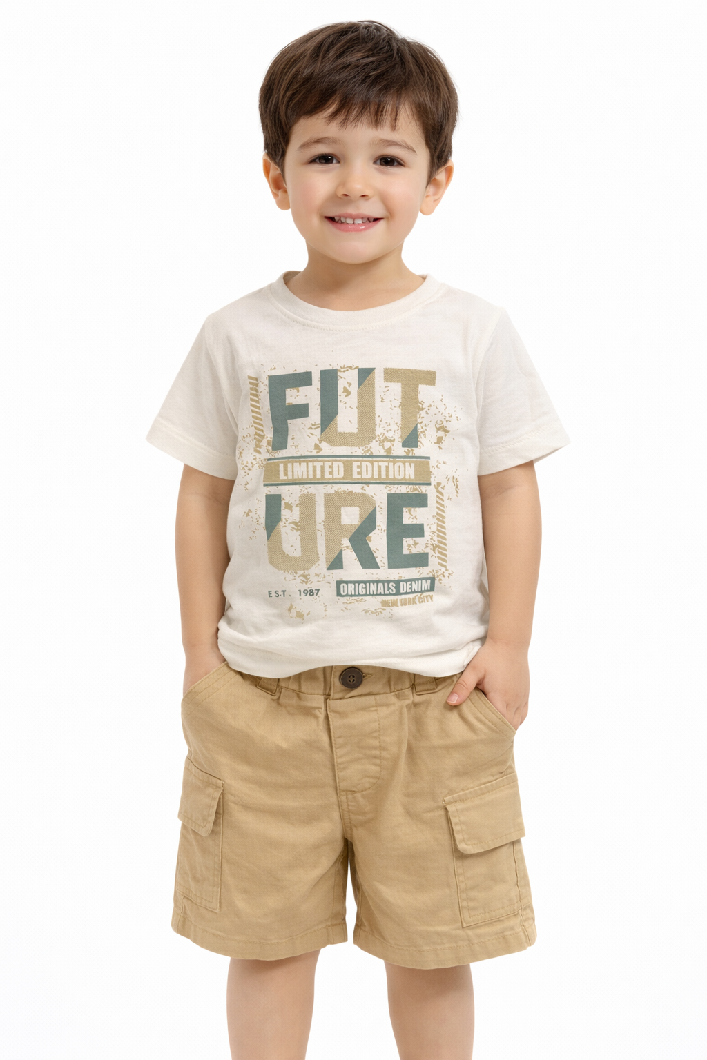 “Future” Graphic T-Shirt & Beige Cargo Shorts Set