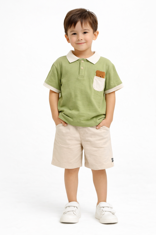 Green Polo T-Shirt with Bear Pocket & Beige Shorts Set