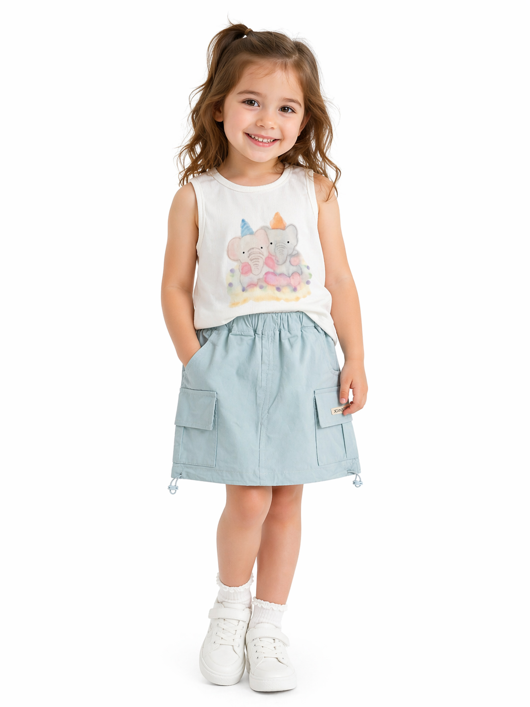 Elephant Graphic Tee & Blue Utility Skirt Set