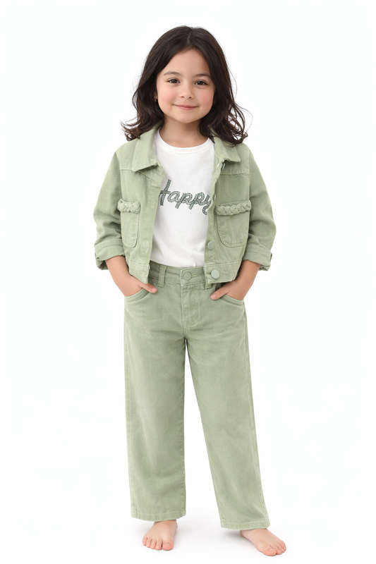 Sage Green Denim Jacket & Wide-Leg Pants Set
