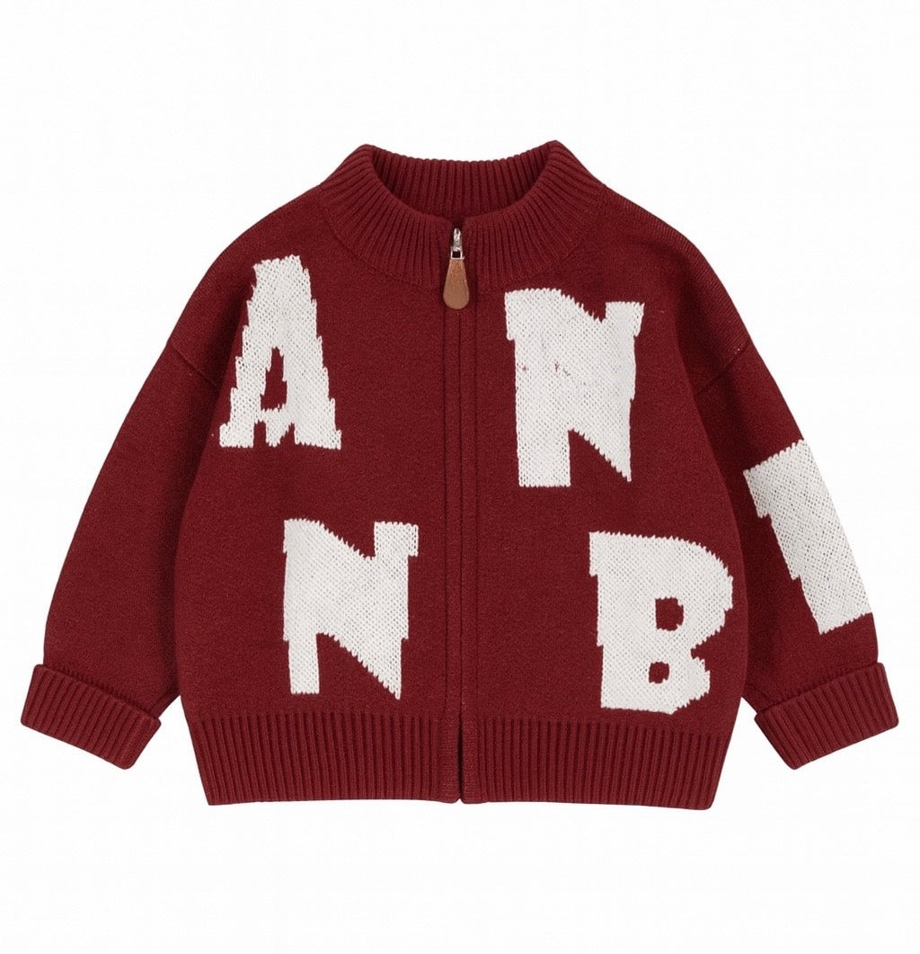 Zip-Up Cardigan With Bold White Alphabet