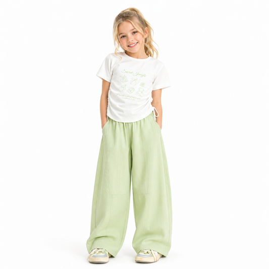 Green Casual Graphic Tee & Wide-Leg Pants Set