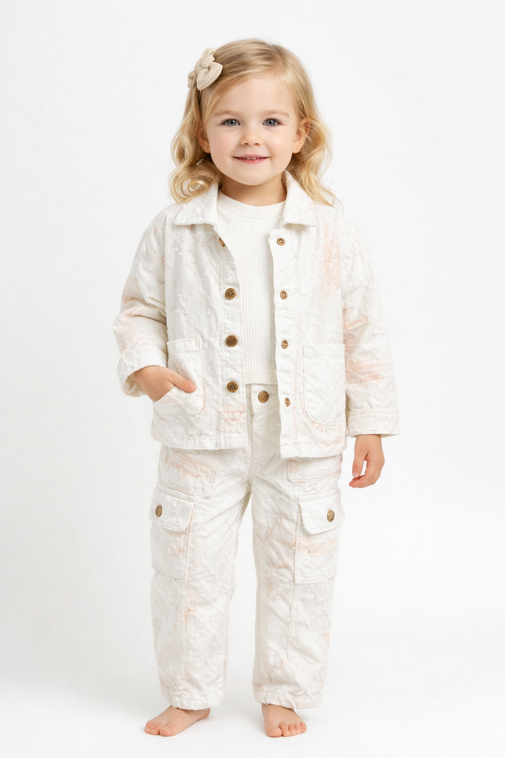 Neutral Tone Cargo Pants with Button-Up Jacket Set