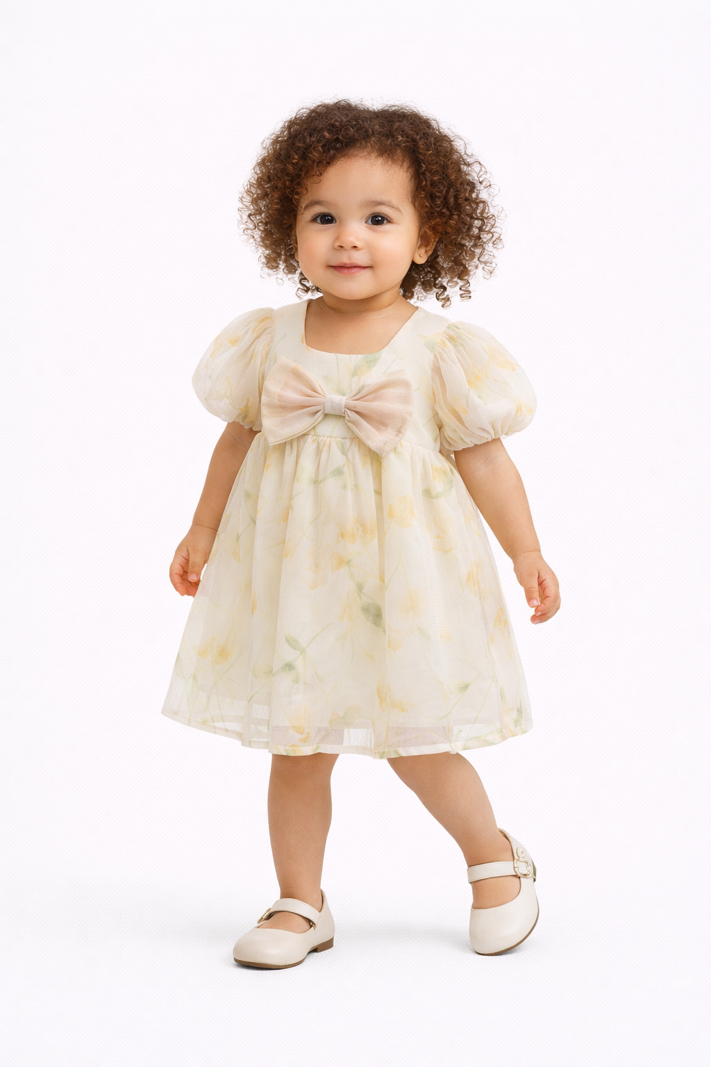 Floral Toddler Girl Dress with Puff Sleeves & Bow Detail