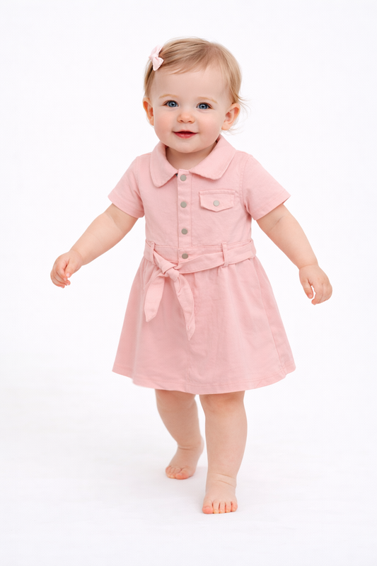 Soft Blush Button-Front Baby Dress with Waist Tie