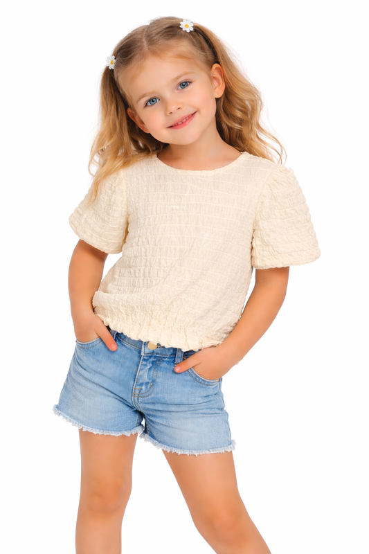 Soft Textured Puff Sleeve Tee in Cream