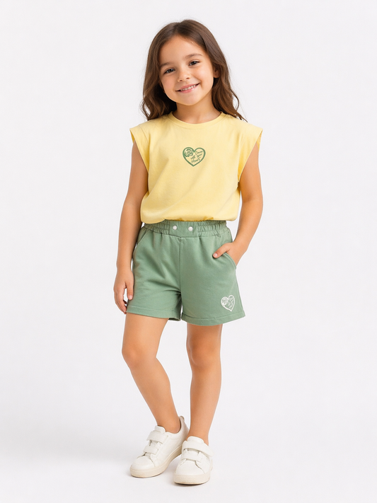 Yellow Heart Print Tee with Green Shorts Summer Set