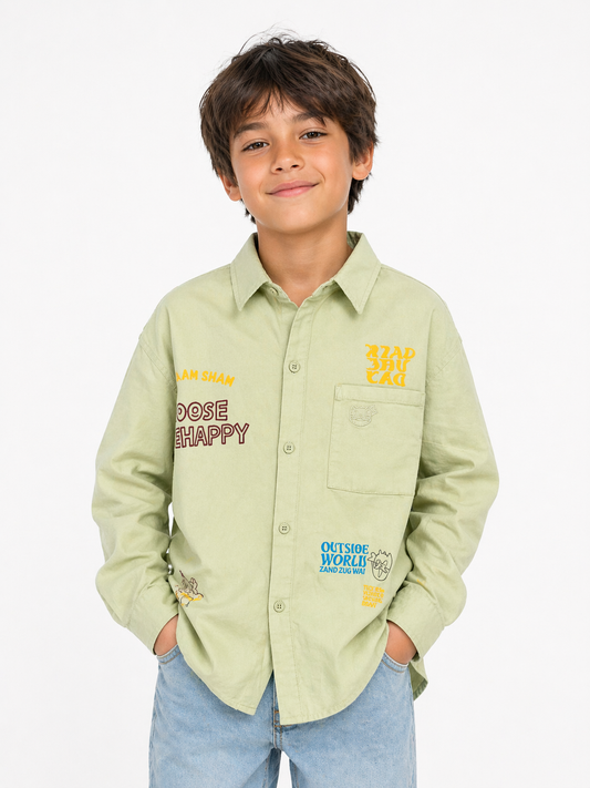 Olive Green Graphic Button-Up Shirt