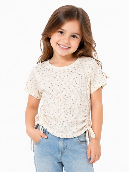 Floral Ribbed Side-Tie Top – Ivory