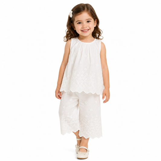 White Floral Embroidered Top & Wide-Leg Pants Set