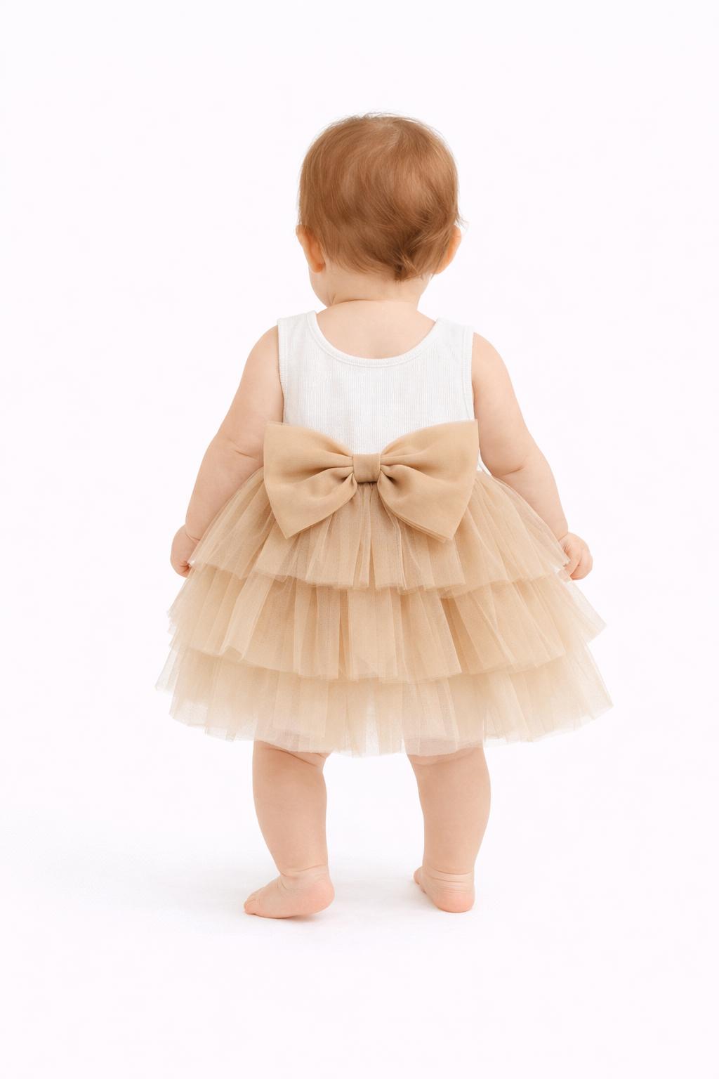 Champagne Bow Back Tiered Tulle Baby Girl Dress