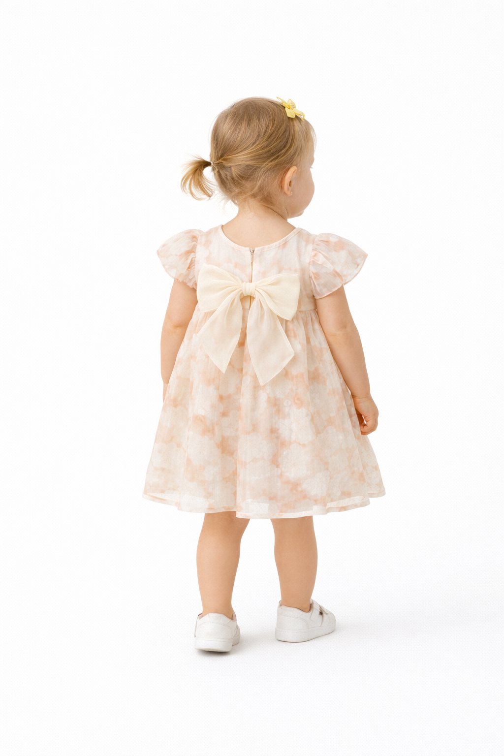 Classic Peach Floral Dress with Statement Bow Back