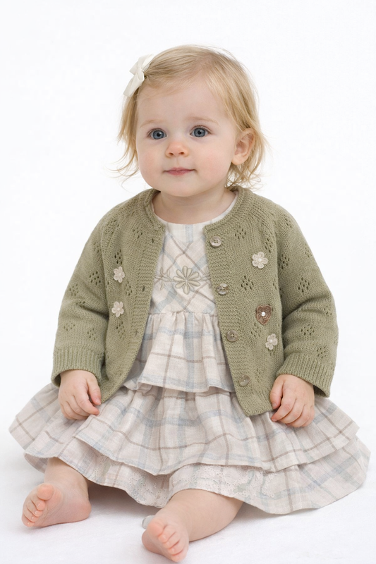 2-Piece Sage Knit Cardigan & Tiered Plaid Dress Set