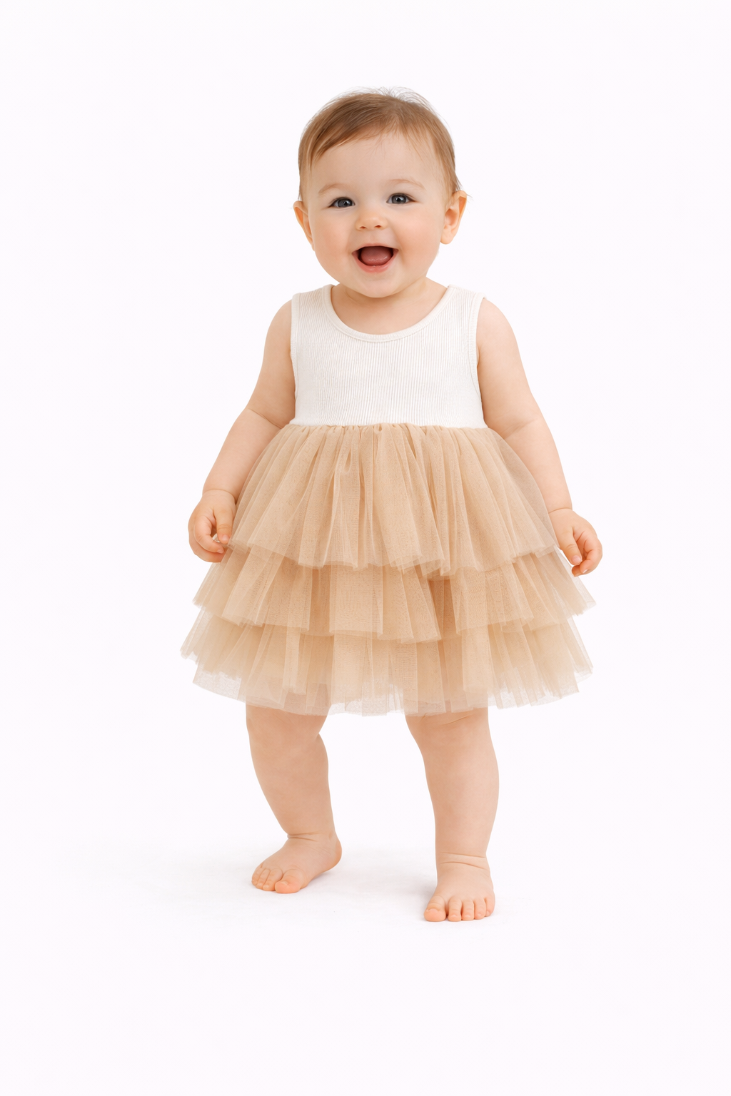 Champagne Bow Back Tiered Tulle Baby Girl Dress