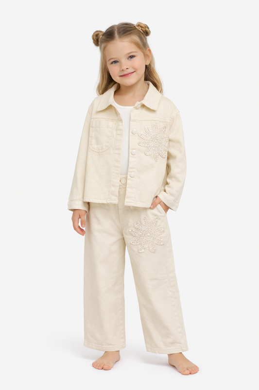 Cream Floral Embroidered Chemise & Wide-Leg Pants Set
