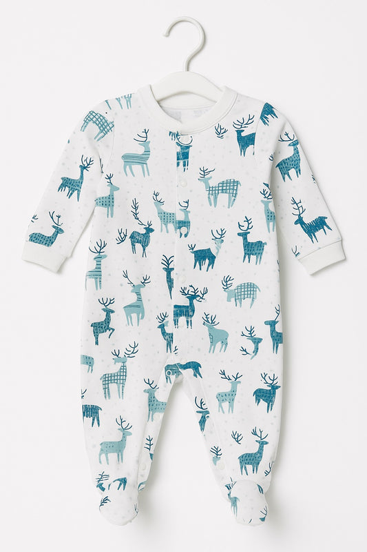 White Baby Sleeper with Blue Reindeer Print