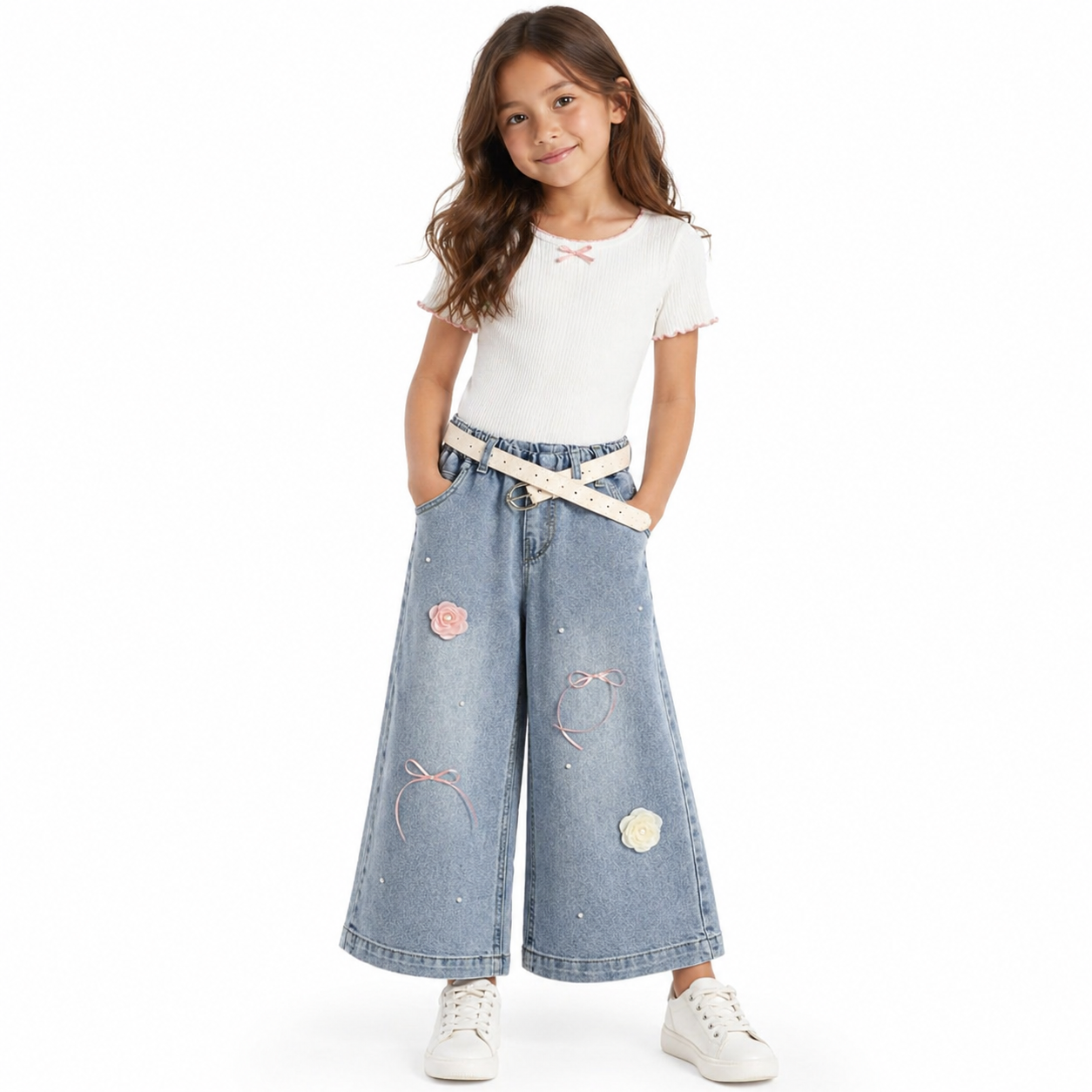 Wide-Leg Jeans with Bow & Flower Details