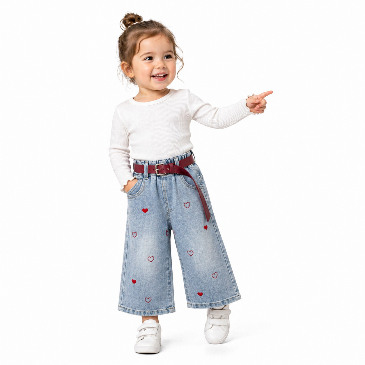 Girls Heart Embroidered Wide-Leg Jeans