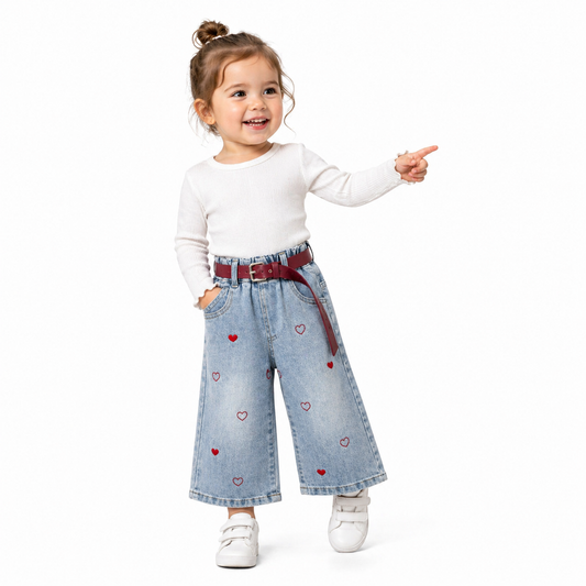 Girls Heart Embroidered Wide-Leg Jeans