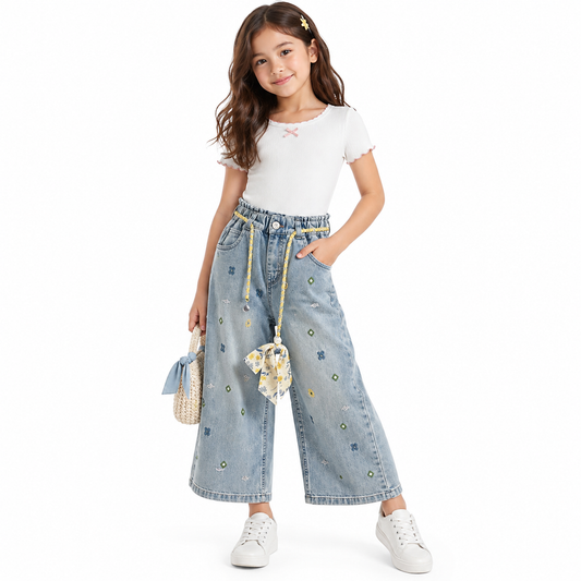 Girls Floral Embroidered Denim Culottes
