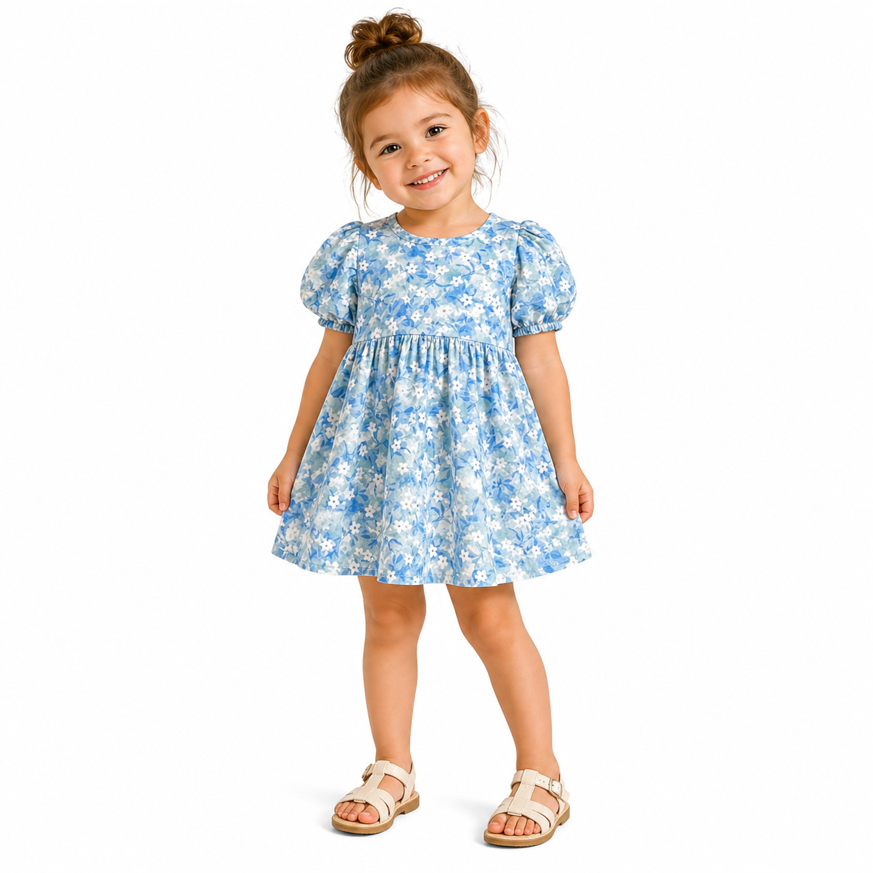 Blue Floral Puff Sleeve Dress