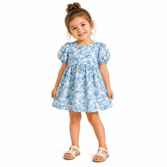 Blue Floral Puff Sleeve Dress