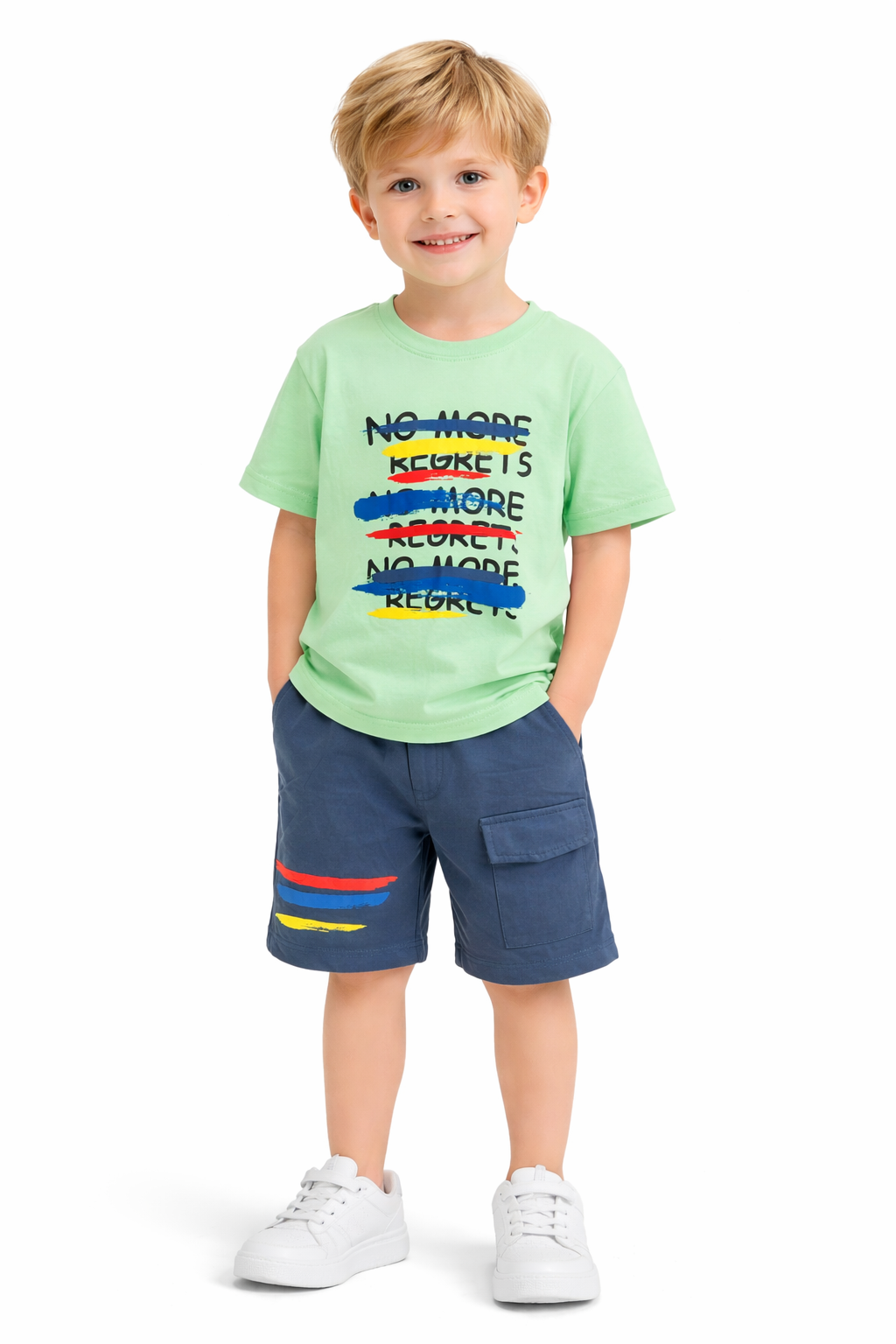 Mint “No More Regrets” Graphic Tee & Blue Shorts Set