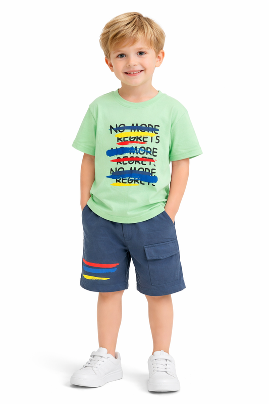 Mint “No More Regrets” Graphic Tee & Blue Shorts Set