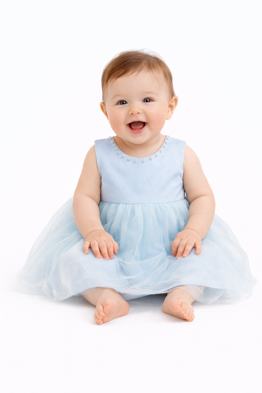 Sky Blue Pearl Bow Tulle Baby Girl Dress