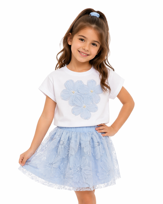 White Floral Appliqué Top & Blue Tulle Skirt Set