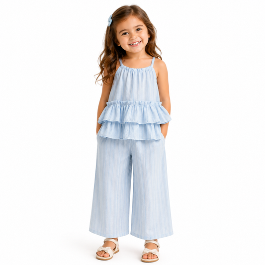 Sky Blue Ruffle Tiered Top & Wide-Leg Pants Set