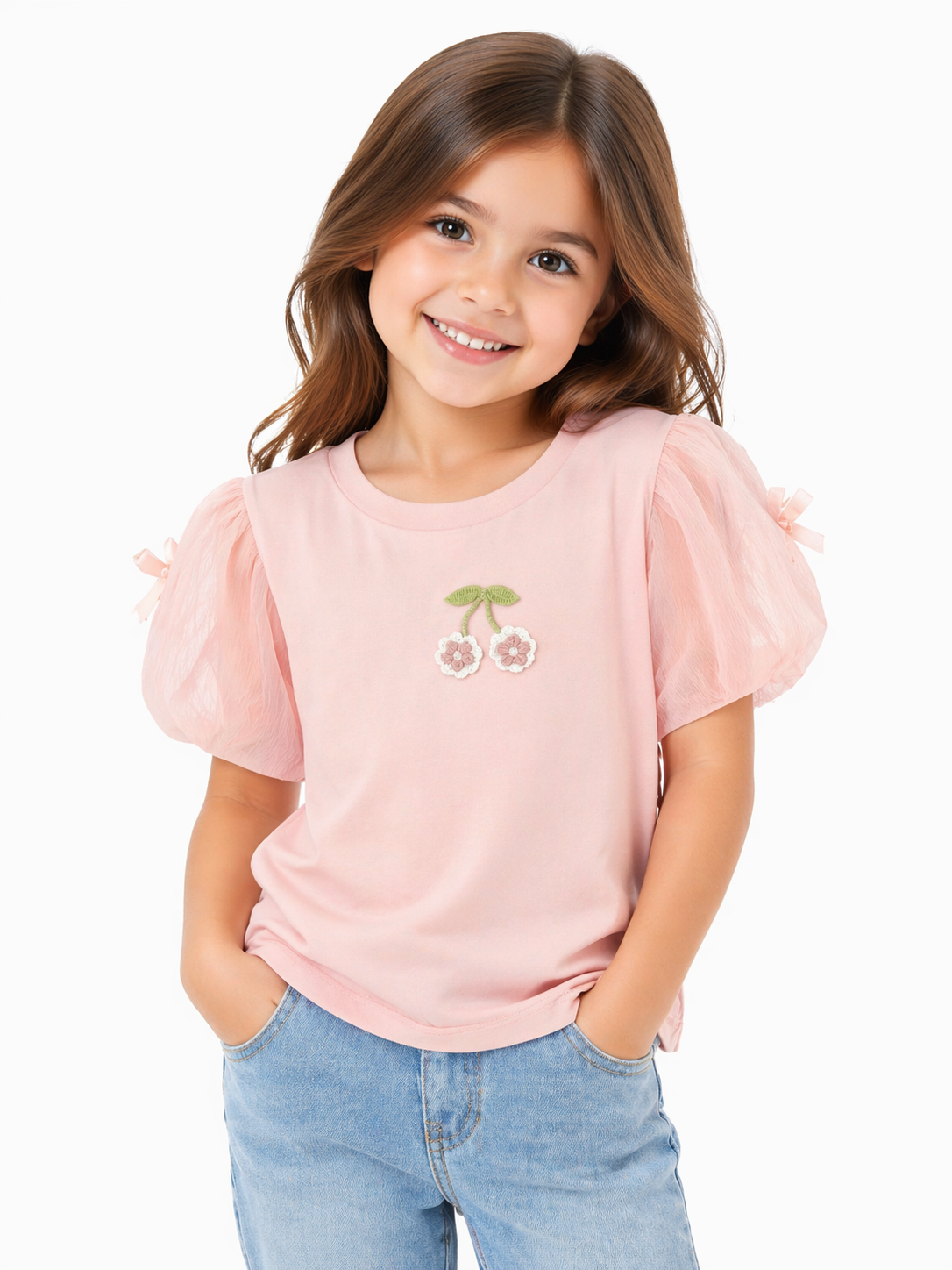 Cherry Charm Puff Sleeve Pink Tee