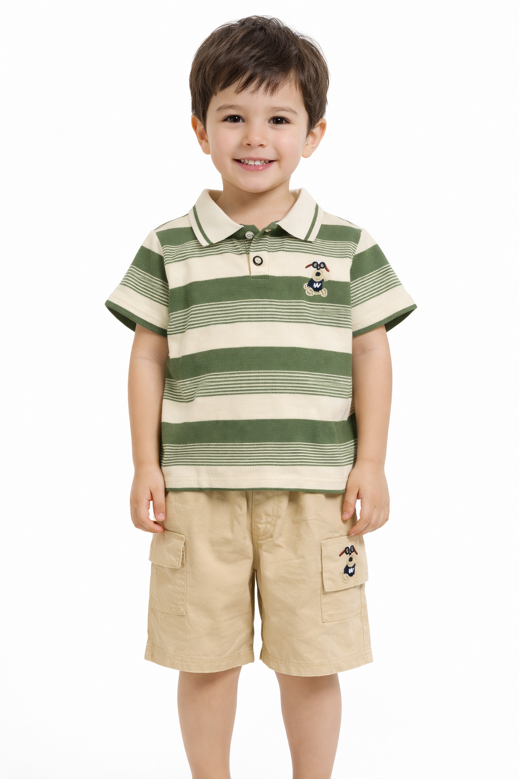 Green Striped Polo T-Shirt & Beige Cargo Shorts Set