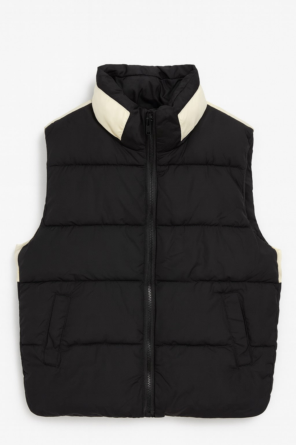 Black and white Puffer Vest with High Collar