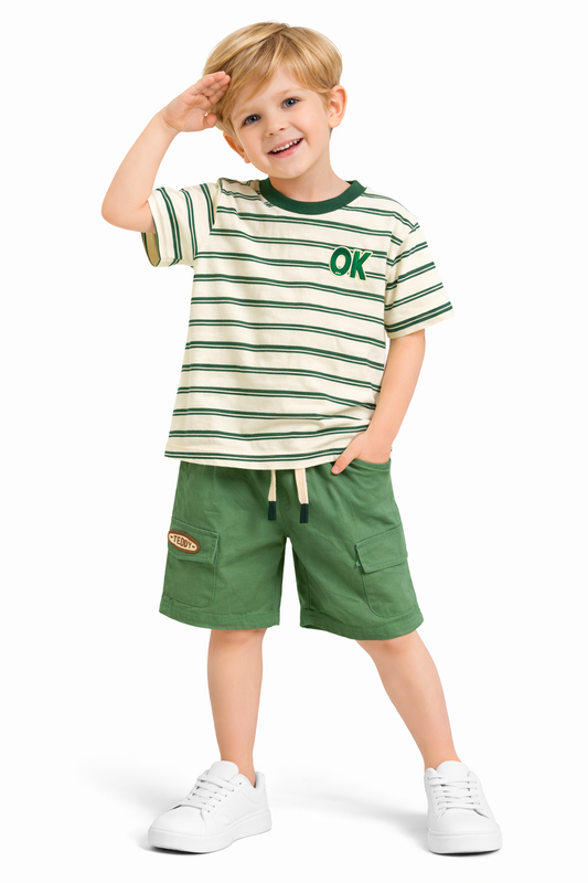 Striped “OK” T-Shirt & Green Cargo Shorts Set