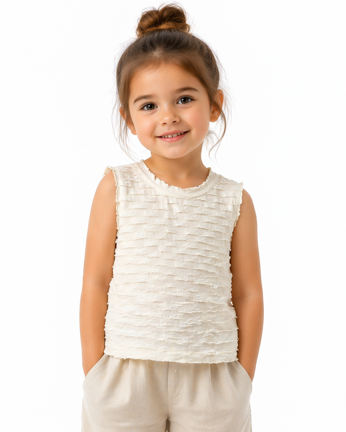 Textured Ruffle Sleeveless Top – Cream