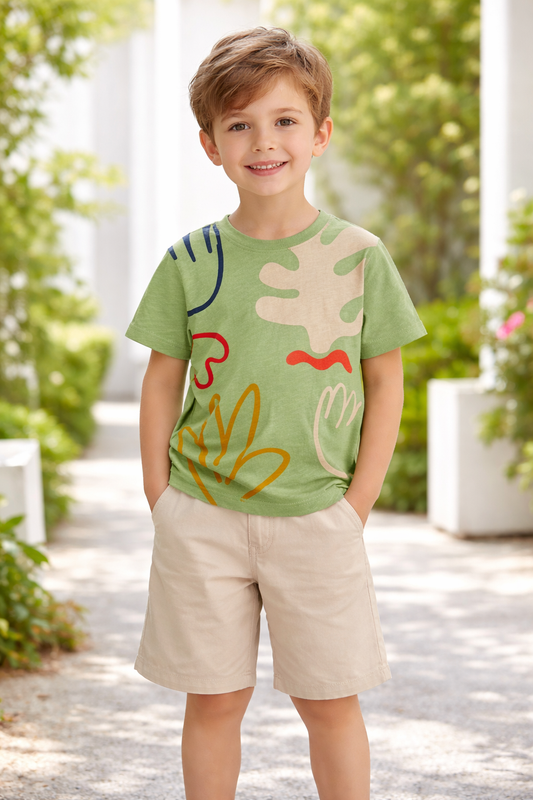 Green Abstract Print T-Shirt & Beige Shorts Set