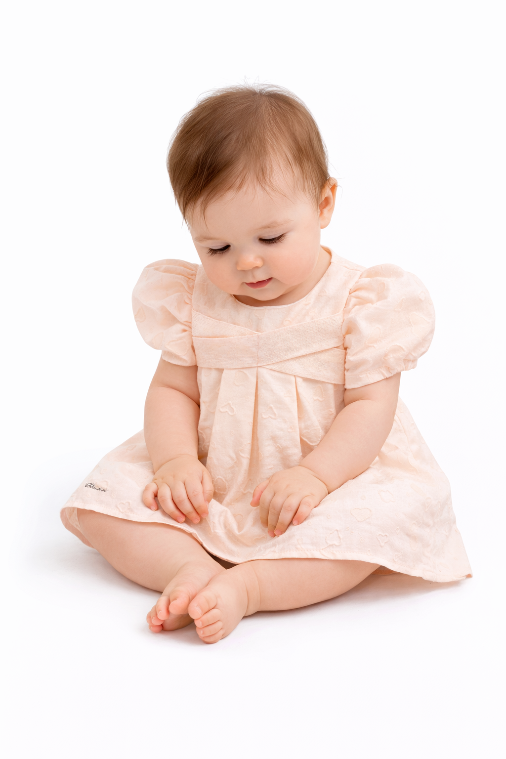 Peach Textured Puff Sleeve Baby Girl Dress