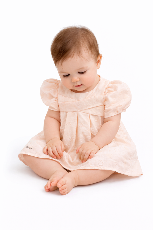 Peach Textured Puff Sleeve Baby Girl Dress
