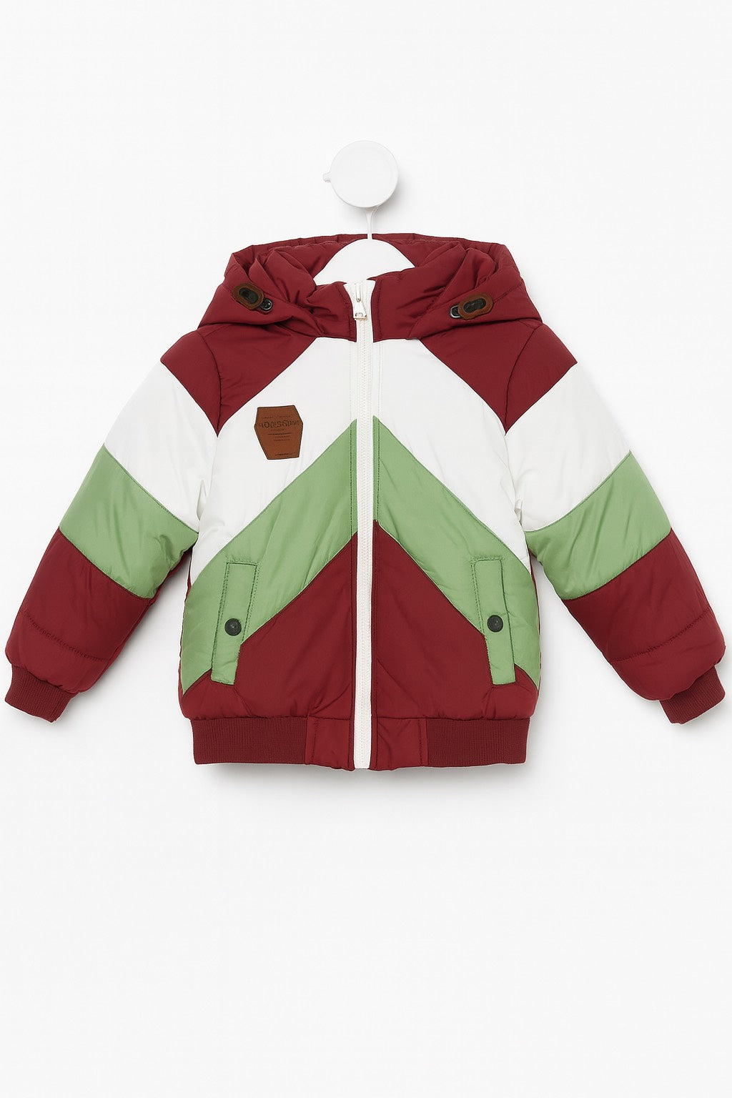 Puffer Jacket in Burgundy, Green and White